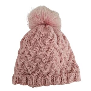 Cable Knit Arctic Fox Fur Pom-Pom Beanie - Dusty Pink